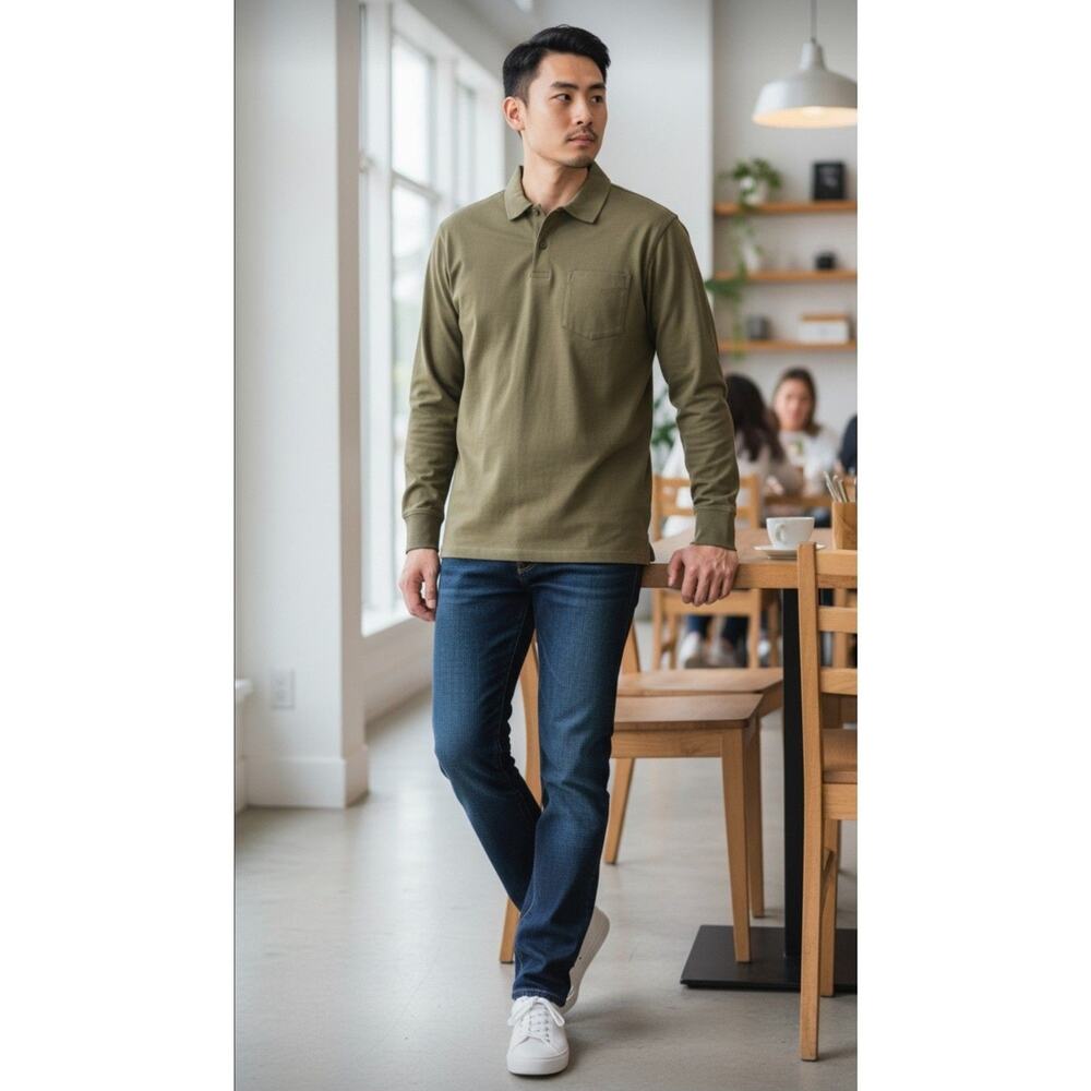 Goodfellow & Co Men's Large Olive GreenLong Sleeve Pocket Polo Shirt